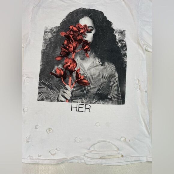 H.E.R. Graphic T-shirt Women Medium White Distressed Short Sleeve Music - Picture 2 of 5